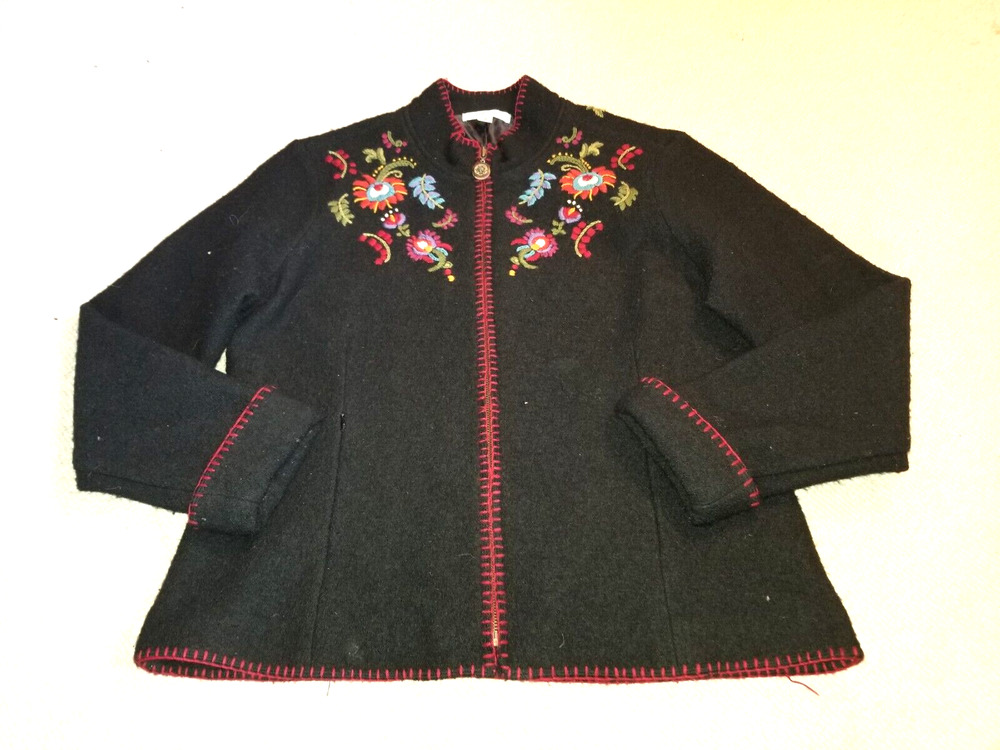 Womens Sweater/Jacket-ICELANDIC DESIGN-Coldwater Creek-black embro boiled wool-M